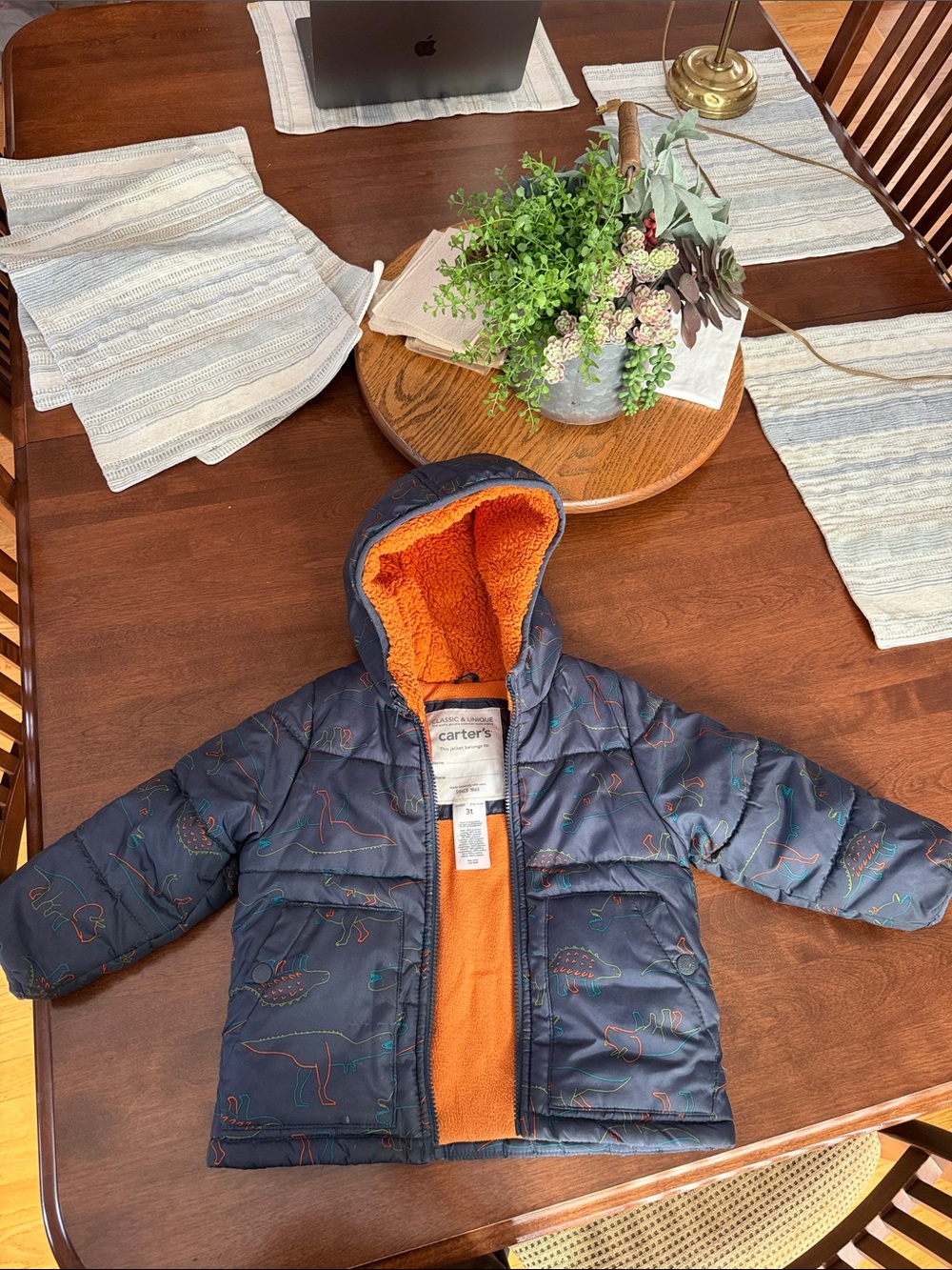 Carter's Navy Dinosaur Puffer Jacket with Orange Sherpa Hood